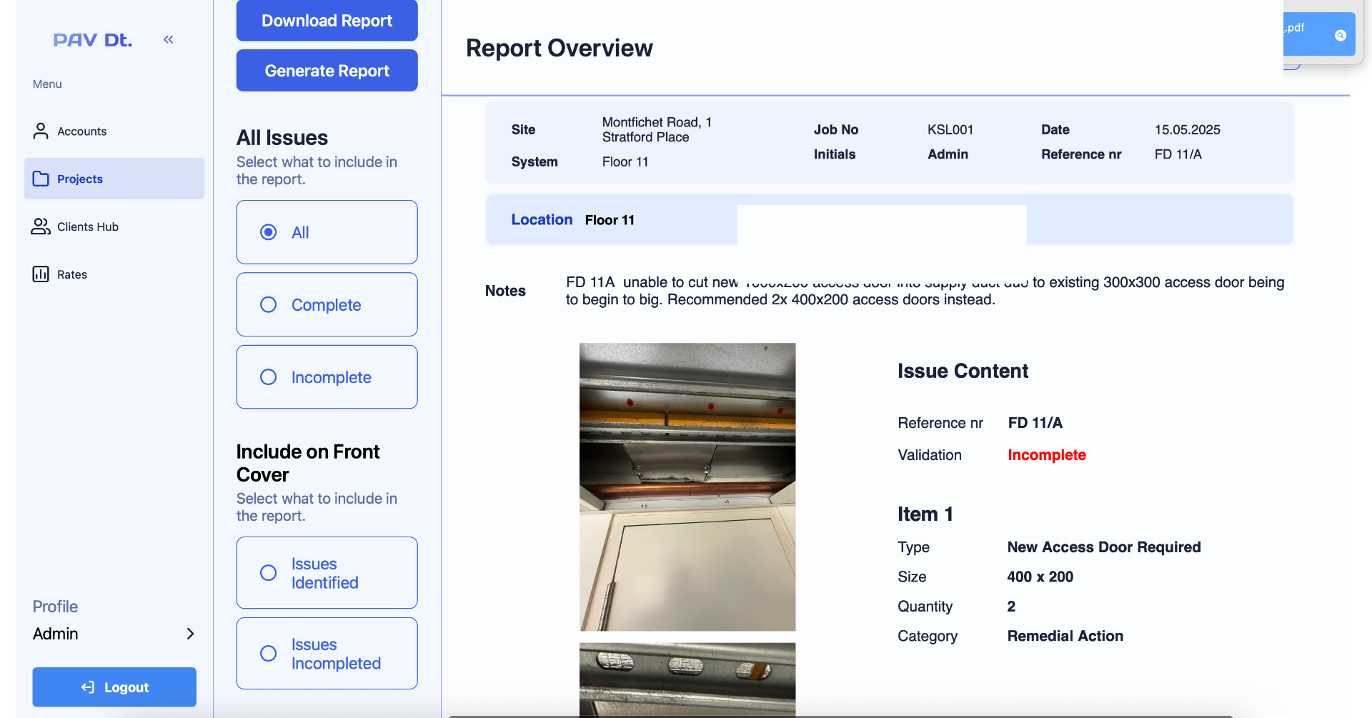 PAV Fire Damper System V2.0 dashboard preview
